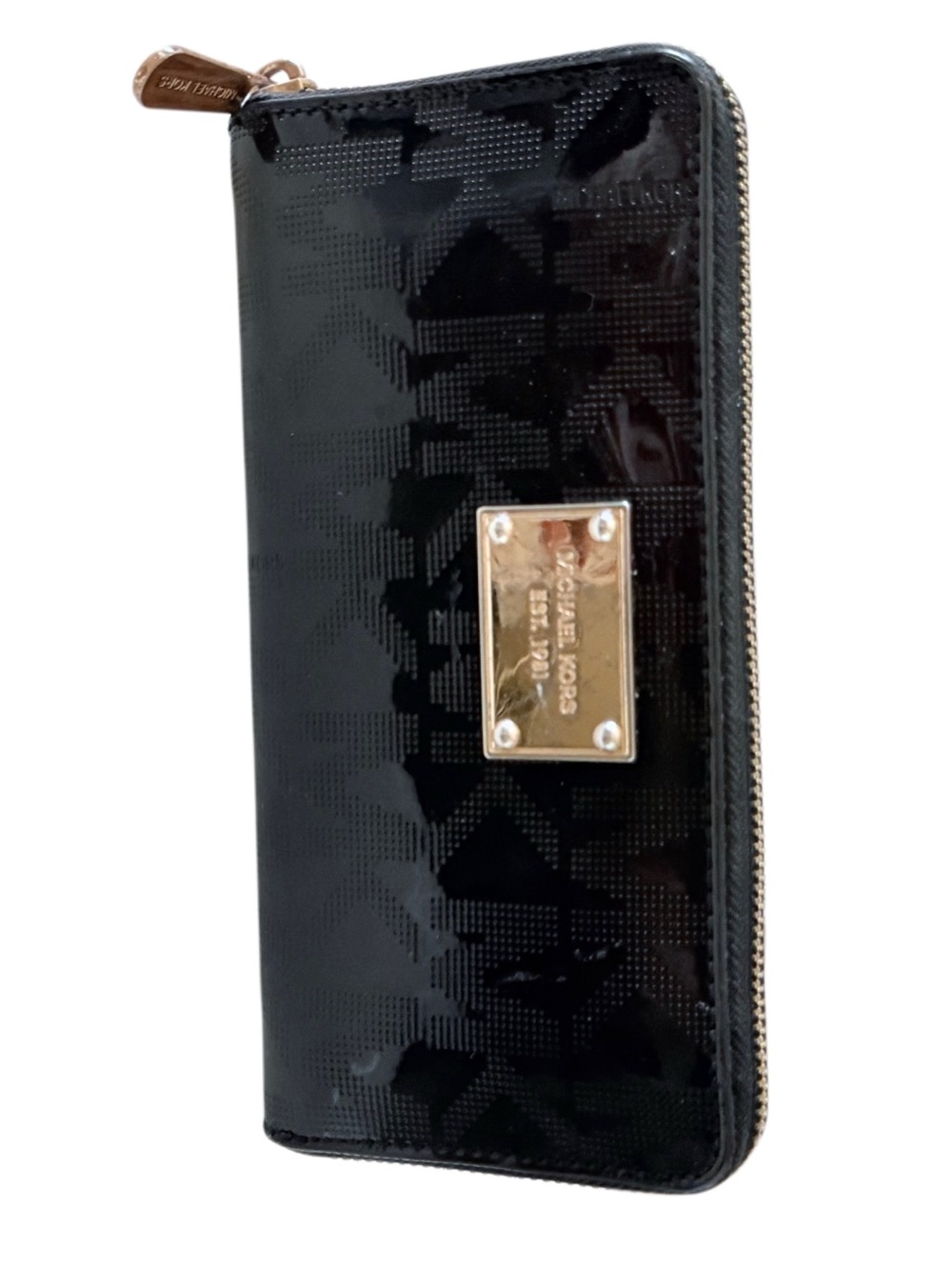 Michael Kors Black Patent Embossed Logo Zip Around Accordion Wallet Gold Tone
